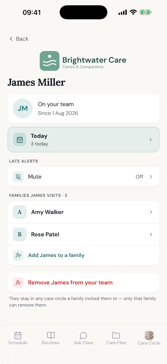A carer on your team: the families they visit, and add them to a family