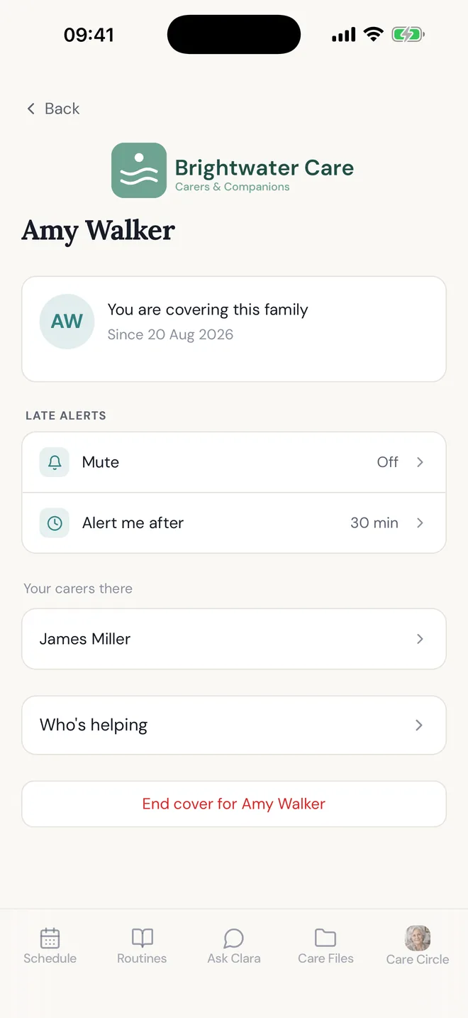 A sponsored family's settings: late alerts, alert me after 30 minutes, your carers there