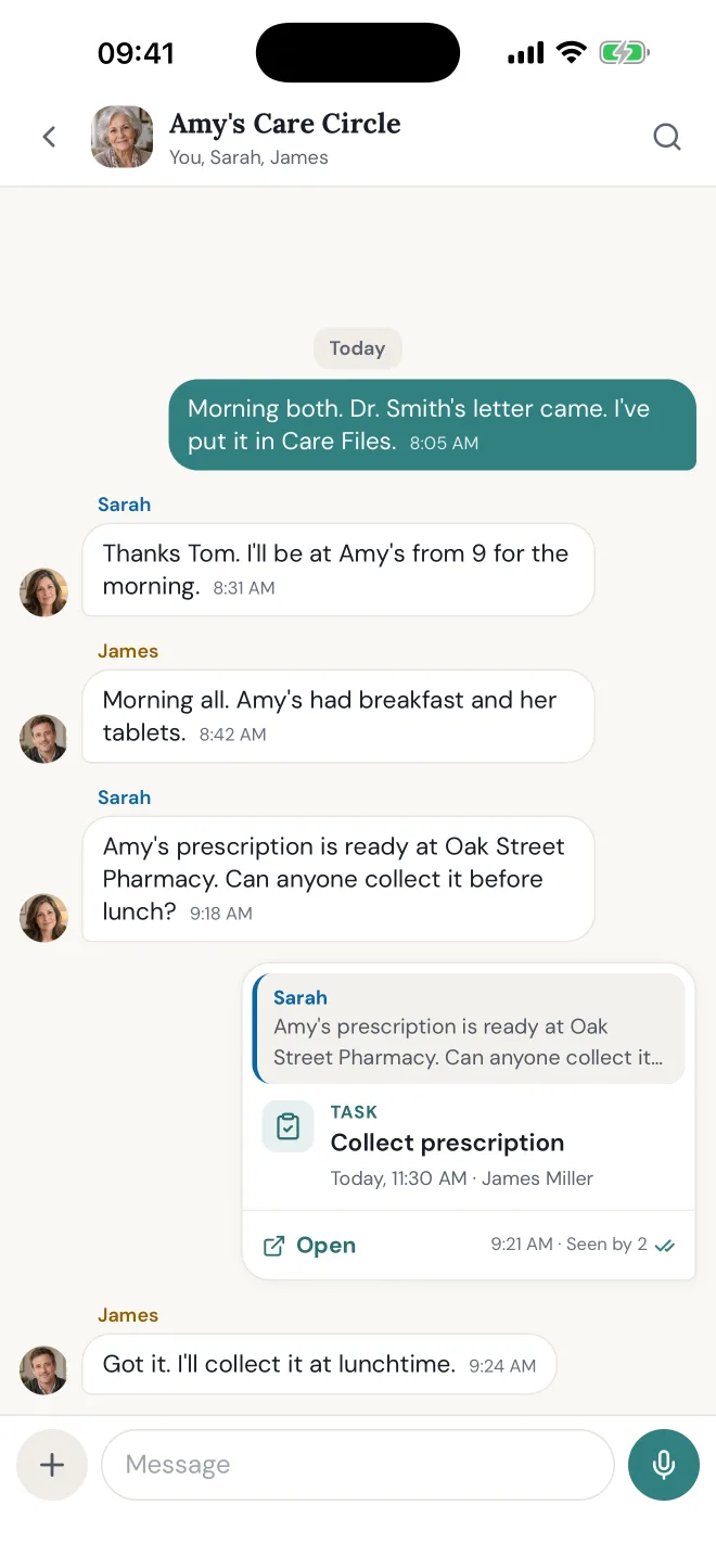 Circle chat: Sarah asks who can collect the prescription, the message is turned into a task assigned to James, and James confirms