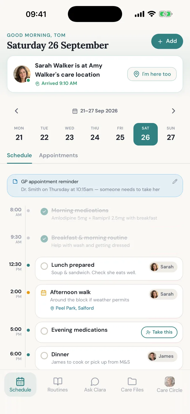 The KinCarer schedule: a carer has checked in with Amy, a pinned GP reminder, and today's care tasks with their owners